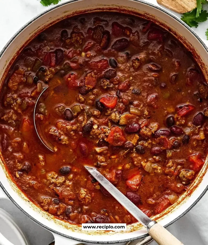 A bowl of the best ever chili topped with fresh herbs and cheese.