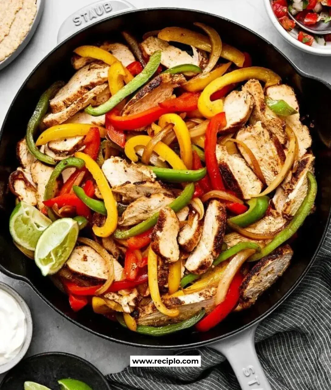Delicious Chicken Fajitas served with peppers and onions in a skillet