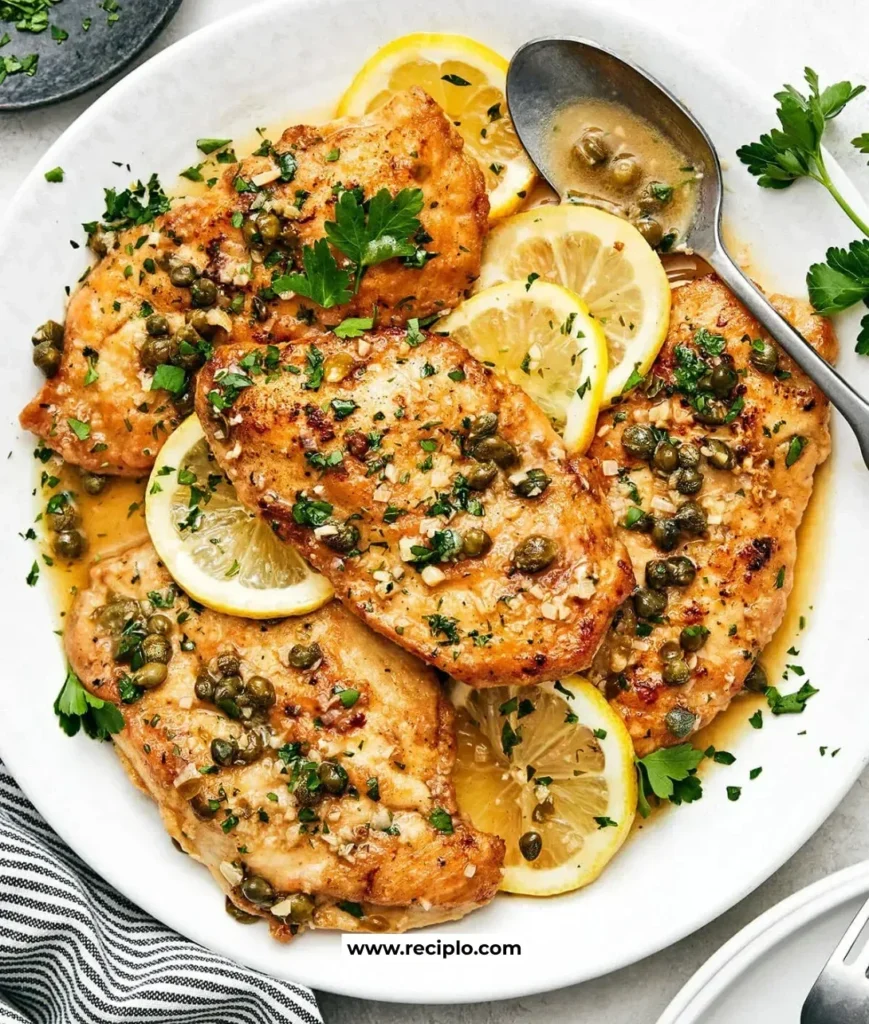 Delicious Chicken Piccata with lemon, capers, and herbs served on a plate