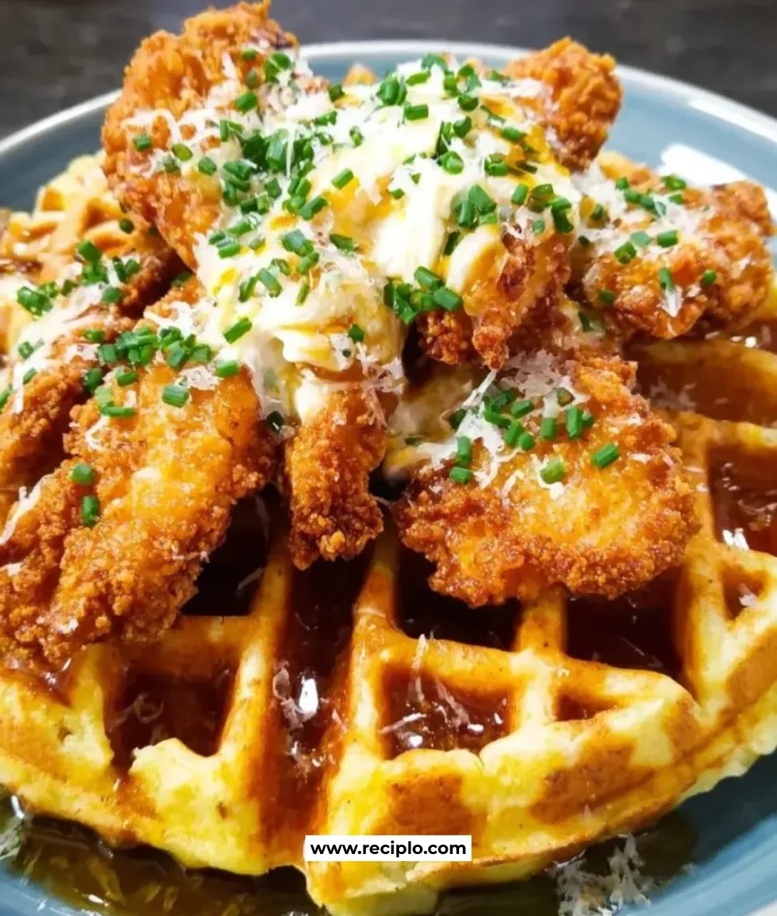 Crispy Chicken Waffles Delight served with syrup on a plate