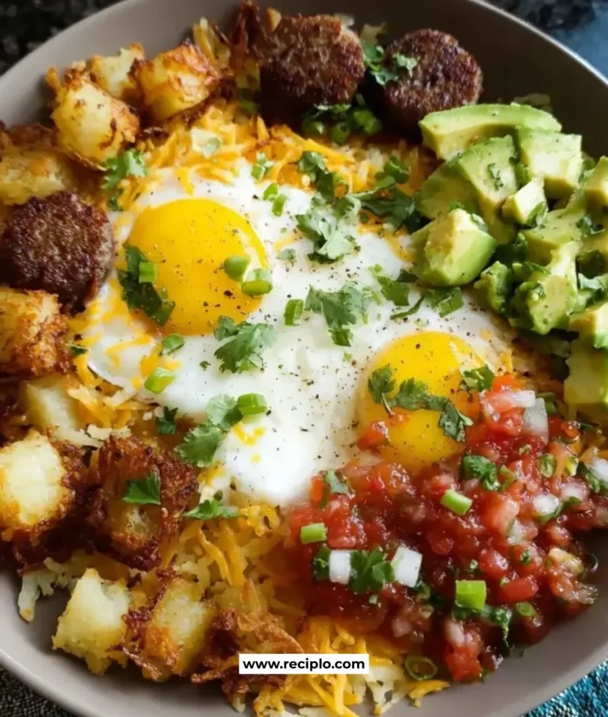 Delicious hash brown breakfast bowl topped with eggs and vegetables