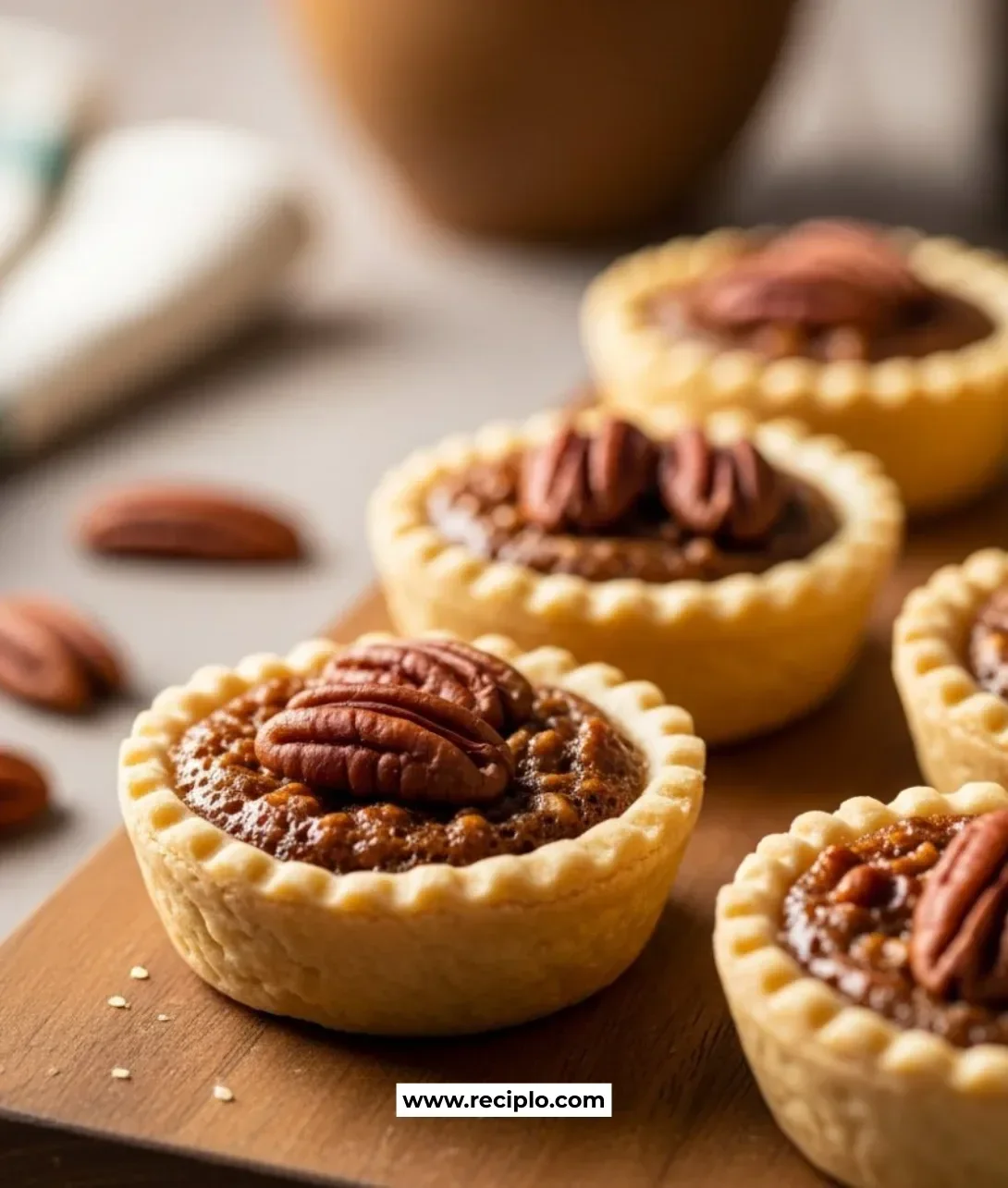 Old fashioned pecan tassies on a rustic wooden table.
