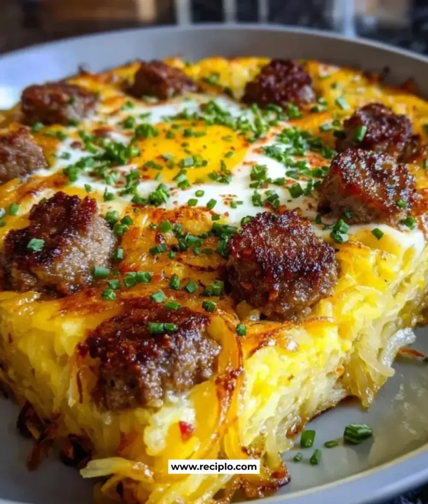 Sausage Hashbrown breakfast dish served with eggs and herbs