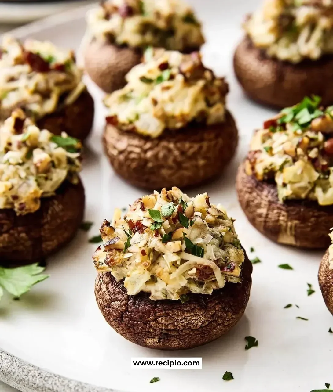 Delicious stuffed mushrooms filled with herbs and cheese, ready to serve.
