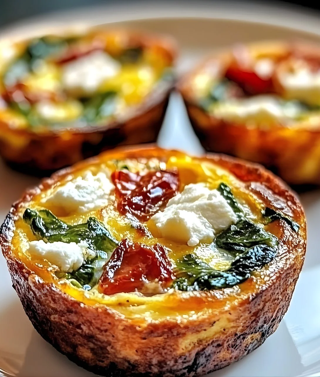 Spinach, feta, and sun-dried tomato egg muffins served on a plate