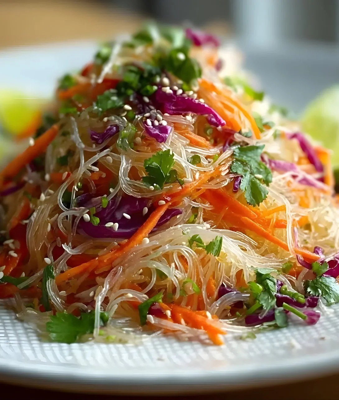 Colorful Asian Noodle Salad with Ginger-Lime Dressing served in a bowl