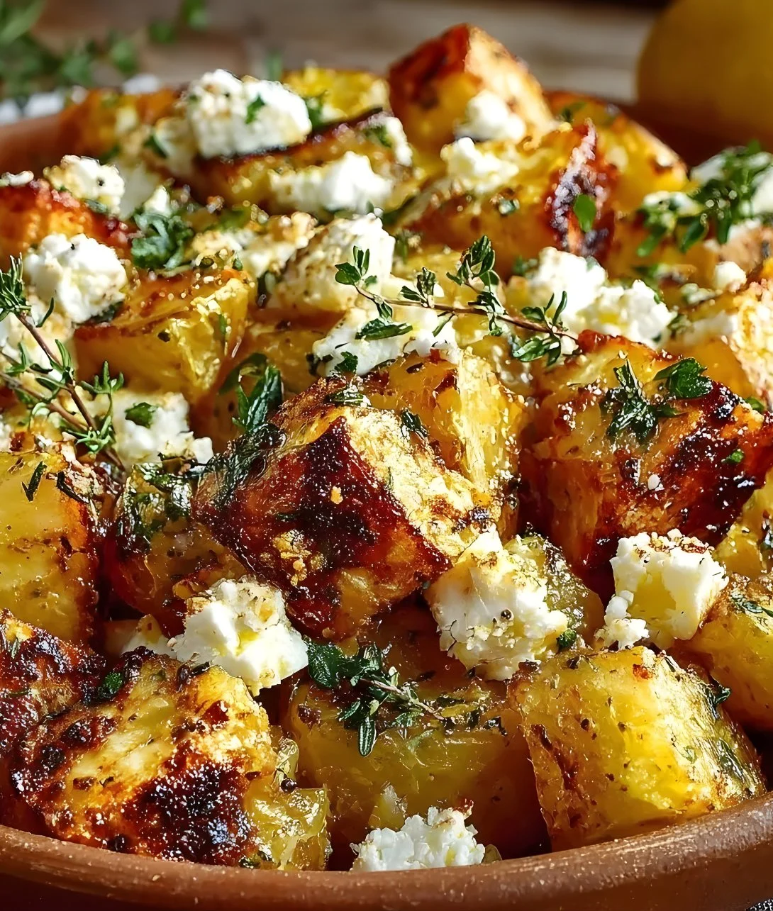 Baked feta potatoes with lemon served on a rustic table
