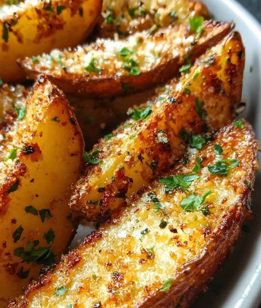 Crispy Baked Garlic Parmesan Potato Wedges served on a plate