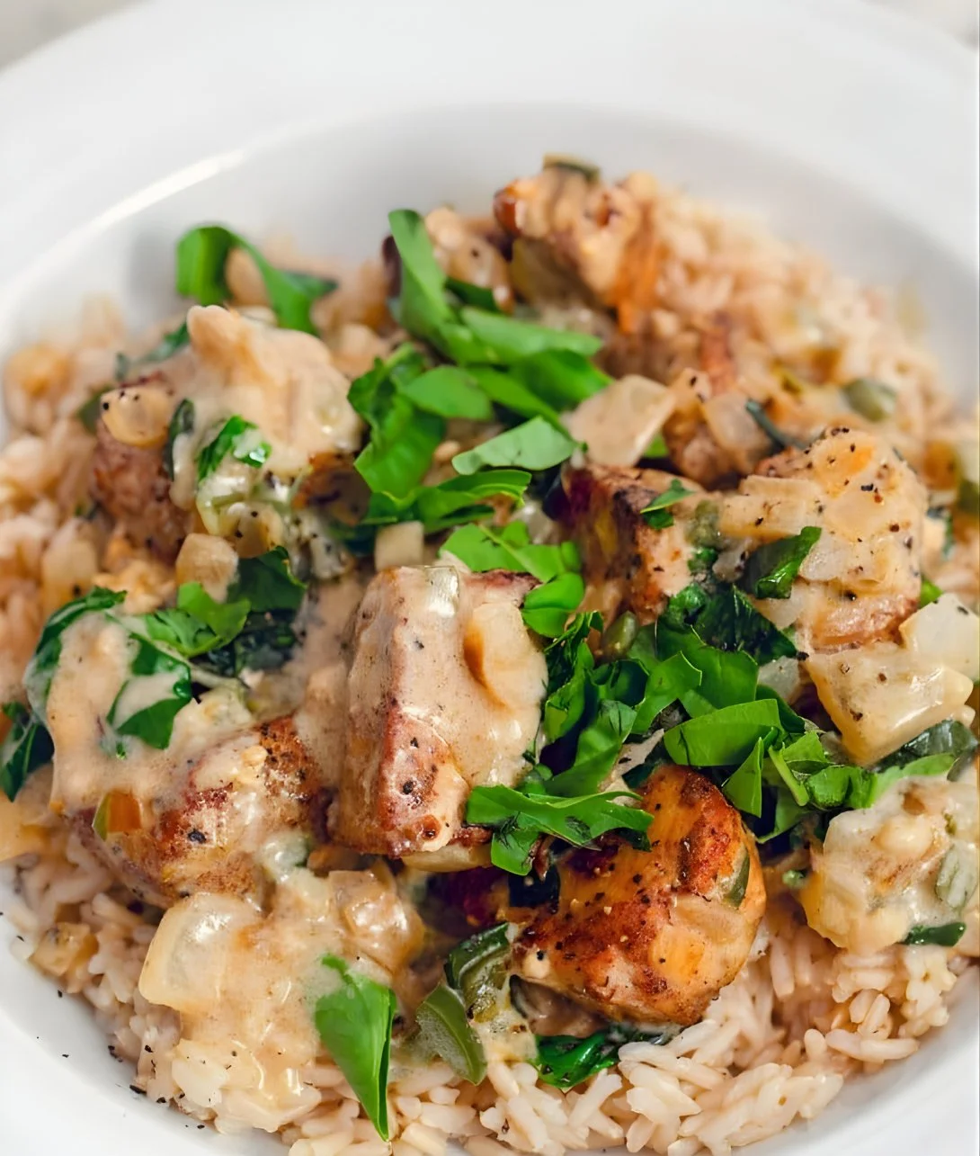 Basil Chicken in Coconut Curry Sauce topped with fresh basil leaves