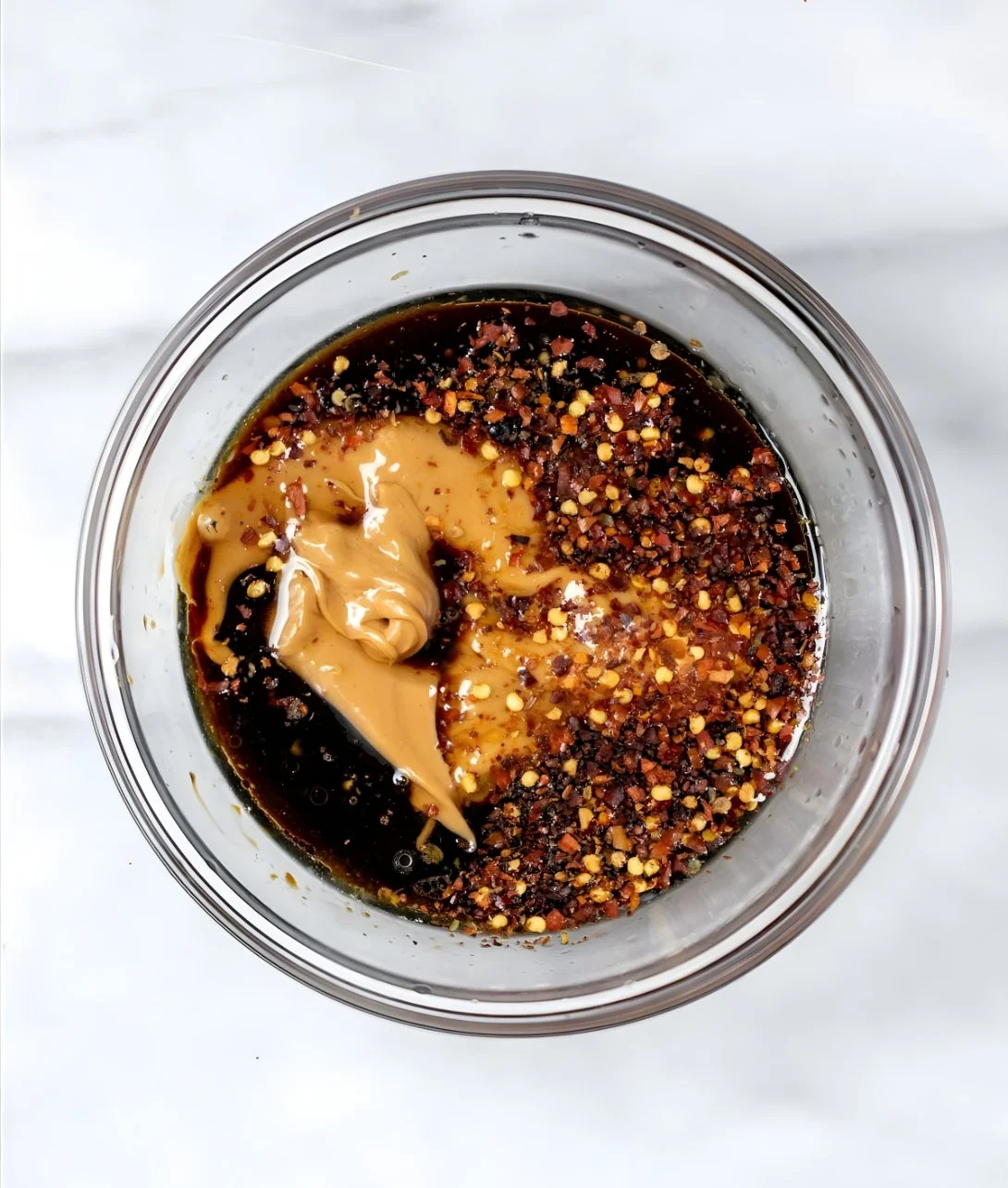 Delicious homemade Thai peanut sauce in a bowl with fresh herbs