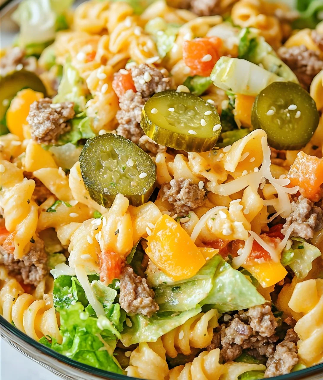 Big Mac Pasta Salad with ground beef, cheese, and pickles in a creamy dressing
