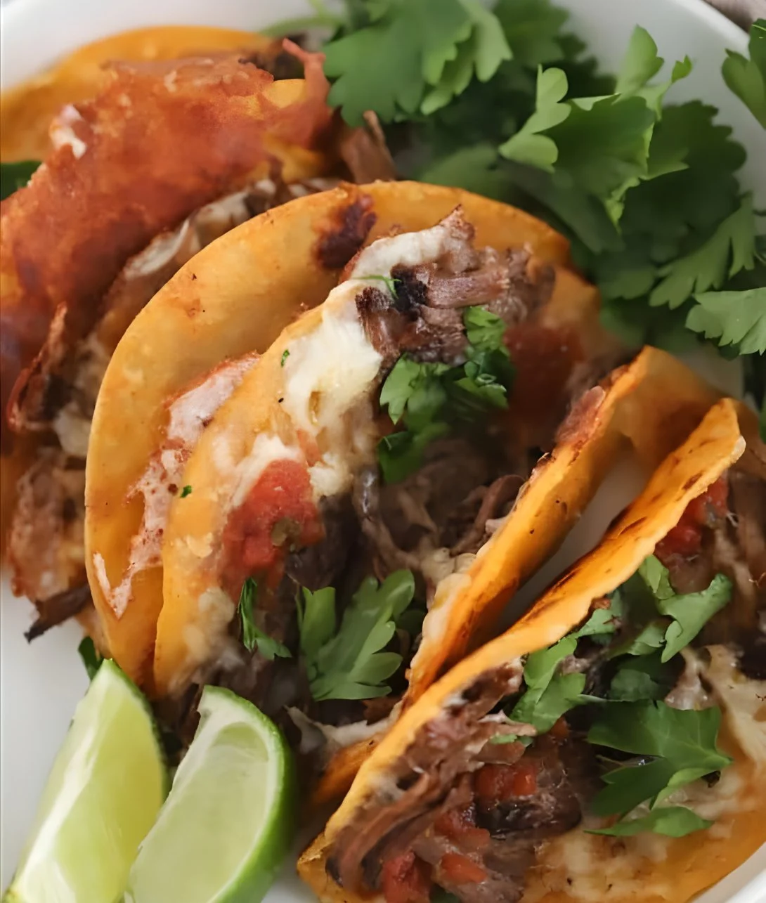 A plate of delicious Birria Tacos served with broth and garnished with radishes and lime.