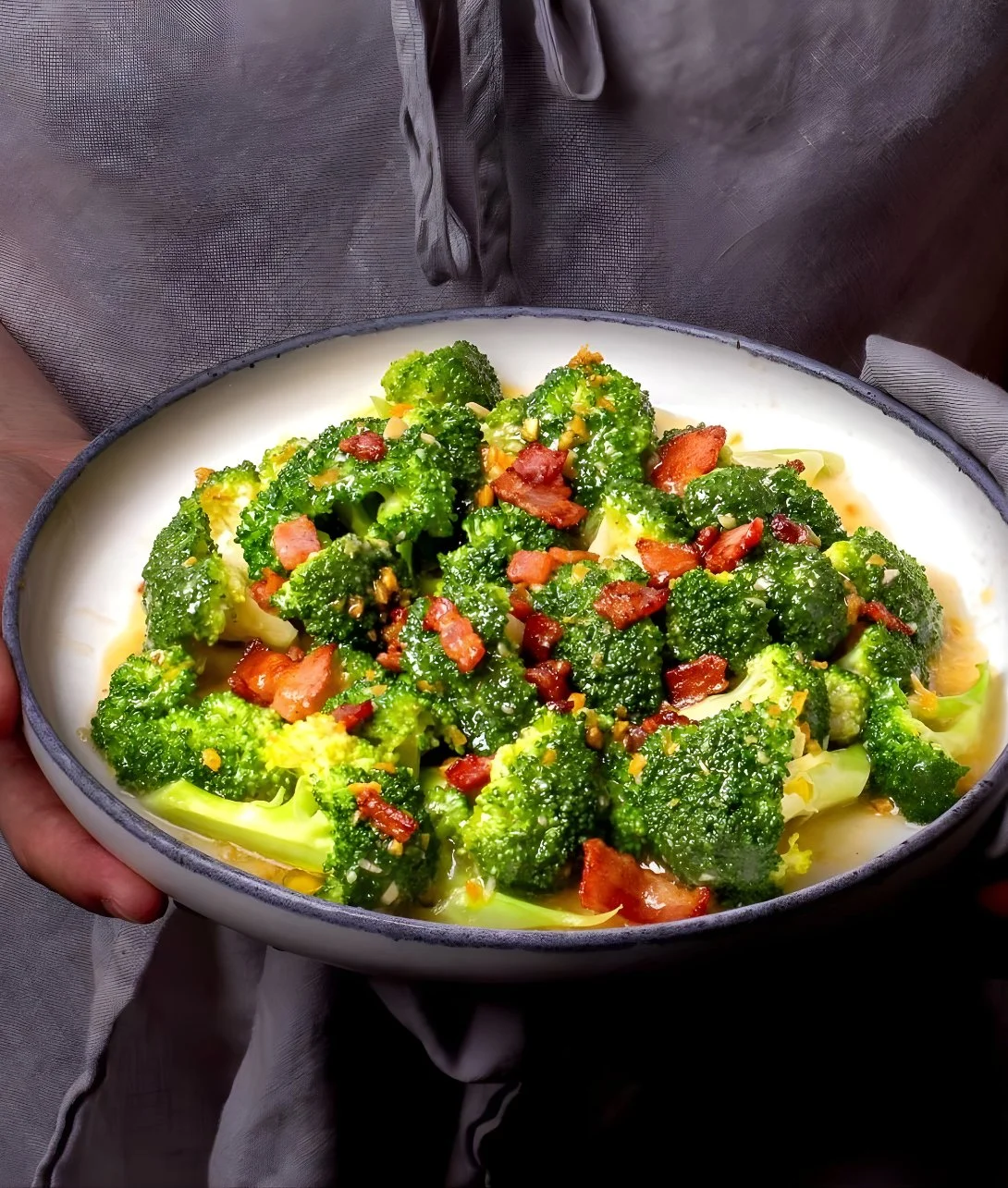 Broccoli with garlic sauce and crispy bacon served on a plate