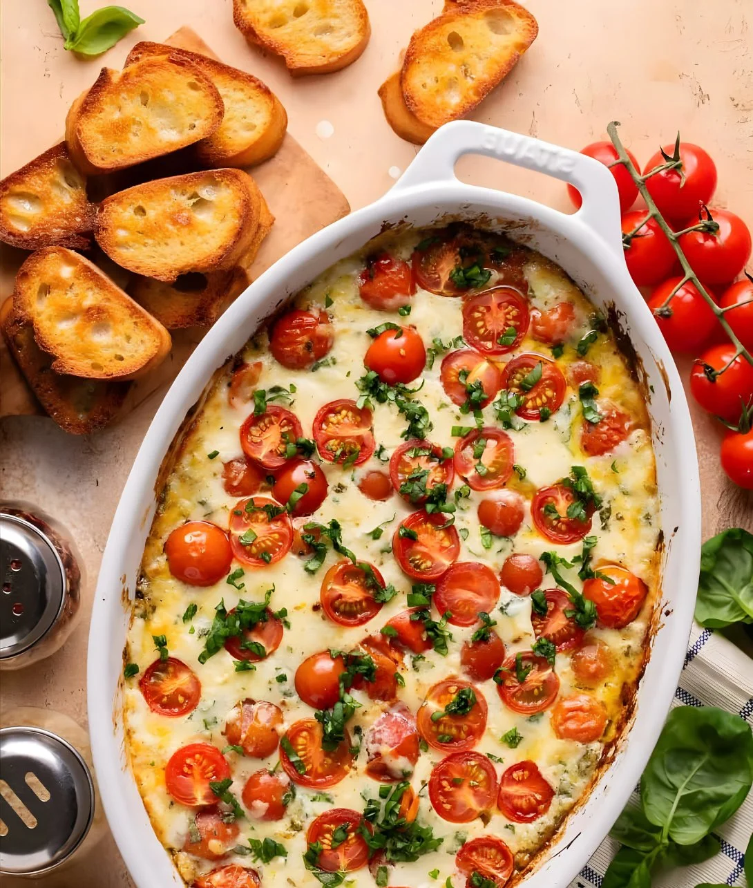 Delicious Caprese Dip with tomatoes, mozzarella, and basil served in a bowl