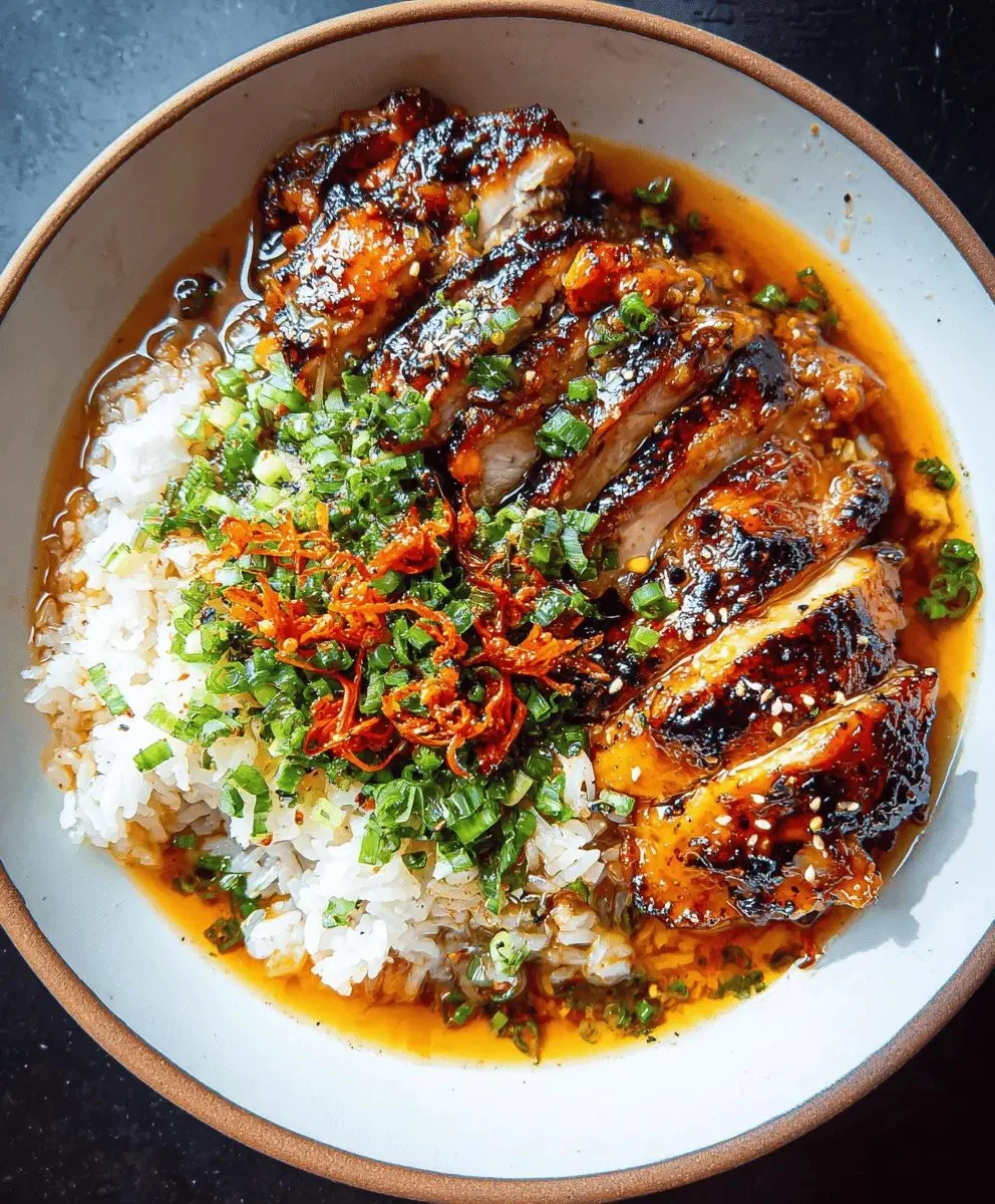 Caramelized soy chicken in garlic ginger broth with rice in a bowl