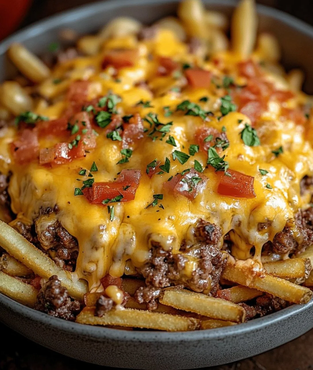 Cheeseburger casserole topped with crispy French fries and melted cheese