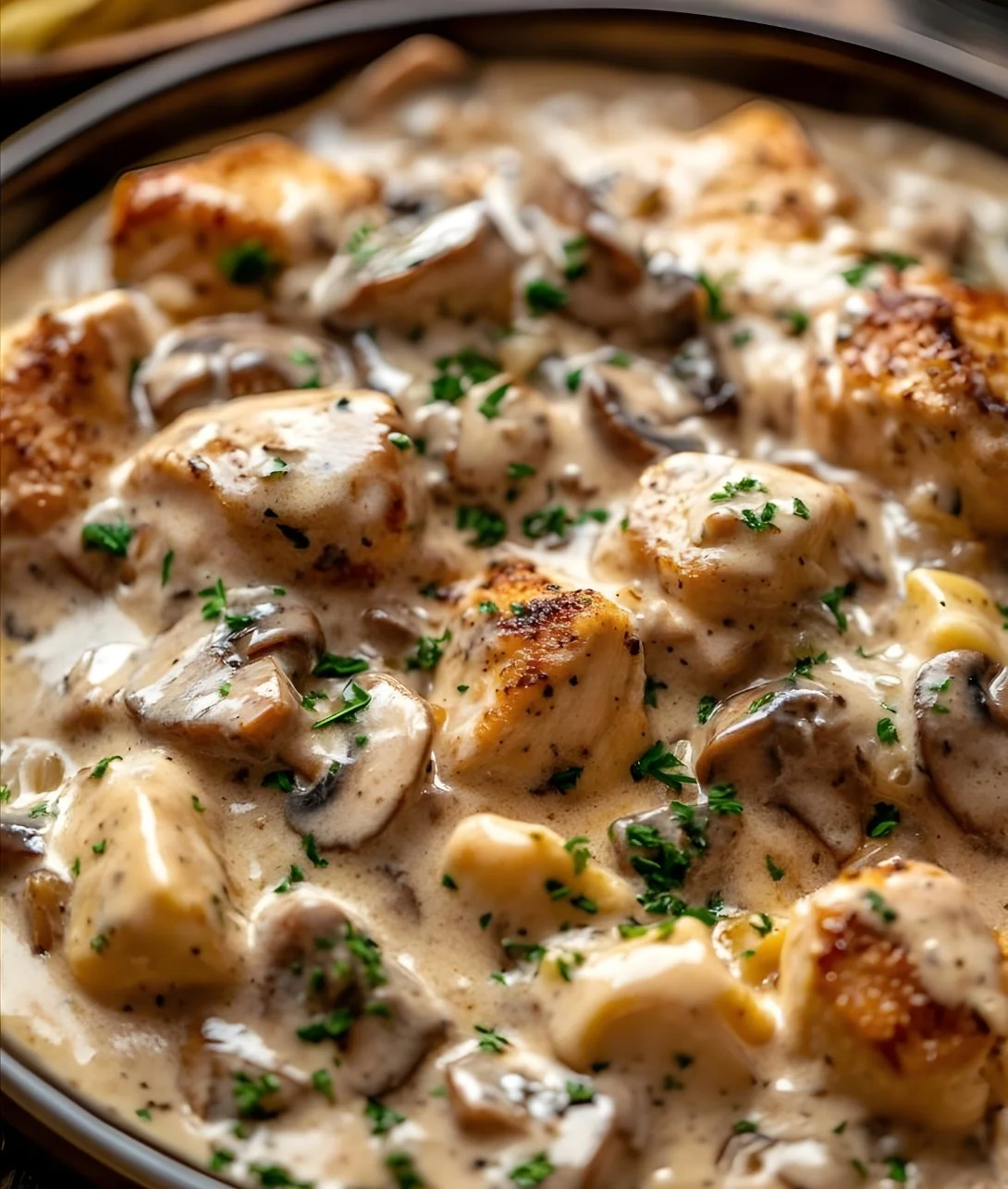 Delicious Chicken Mushroom Stroganoff served with noodles in a creamy sauce.