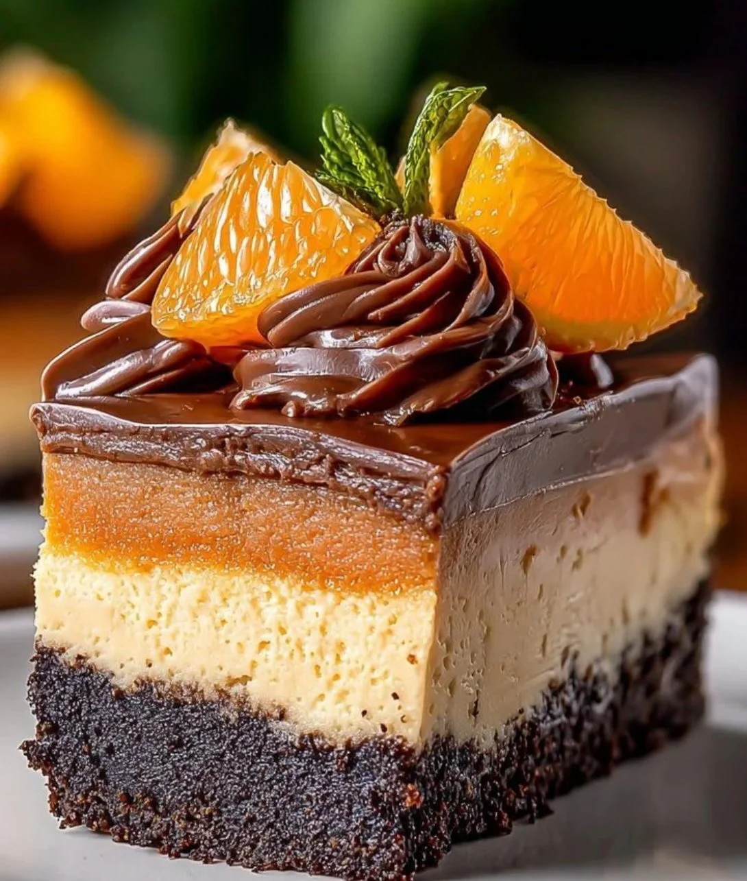 Delicious slice of Chocolate Orange Cheesecake with chocolate garnish