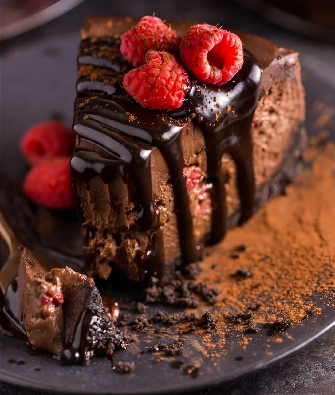 Delicious Chocolate Raspberry Cheesecake topped with fresh raspberries.