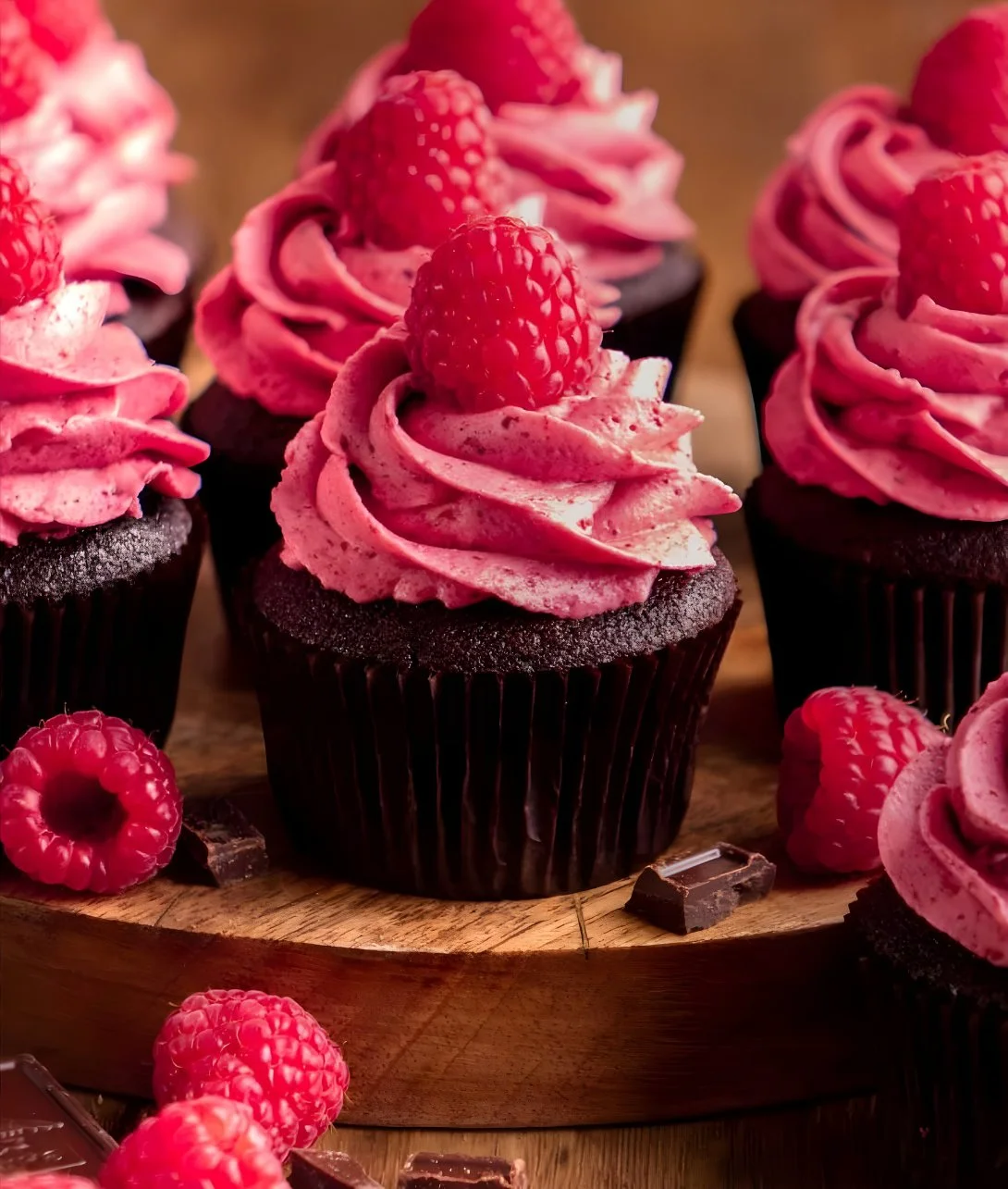 Delicious Chocolate Raspberry Cupcakes with chocolate icing and fresh raspberries
