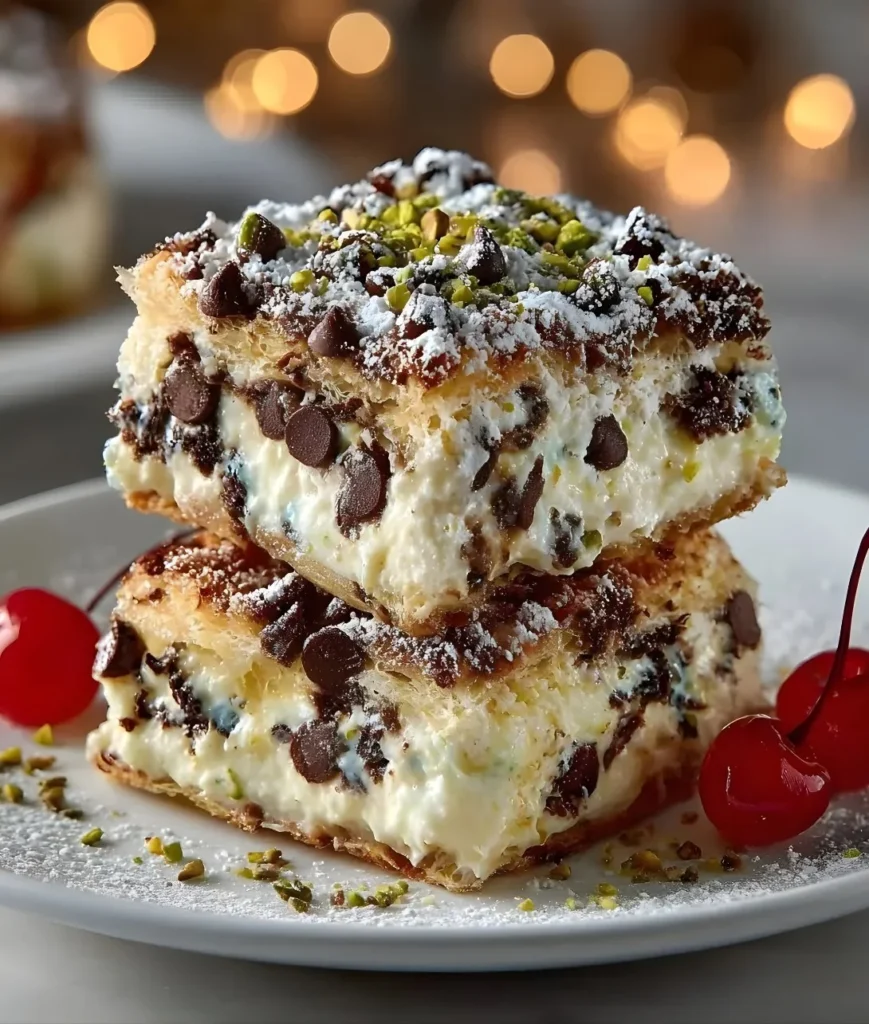 Delicious Classic Cannoli Squares topped with cream and chocolate chips