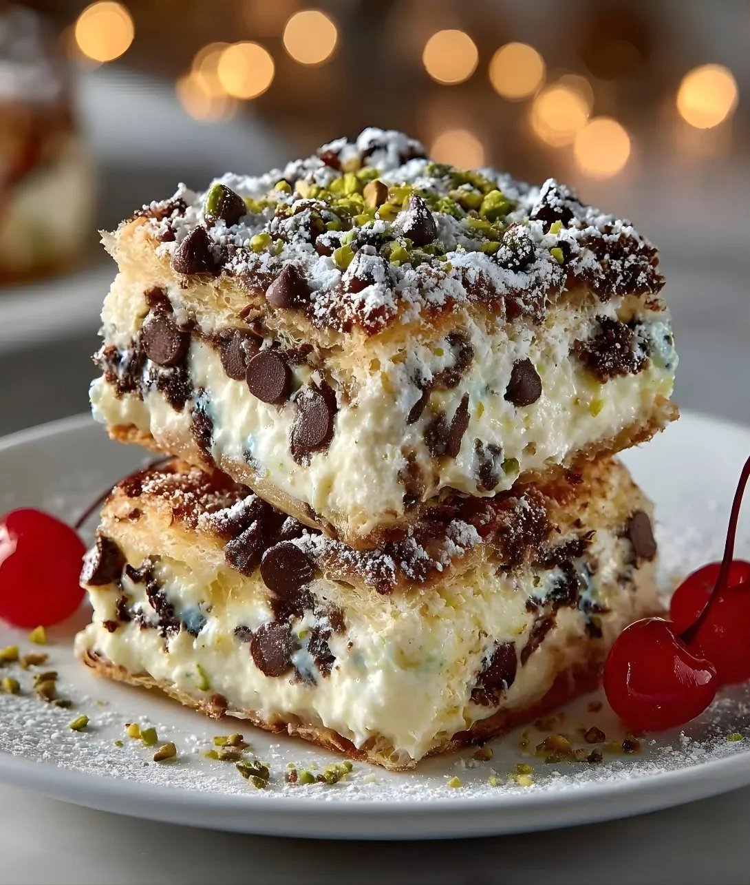 Delicious Classic Cannoli Squares topped with cream and chocolate chips