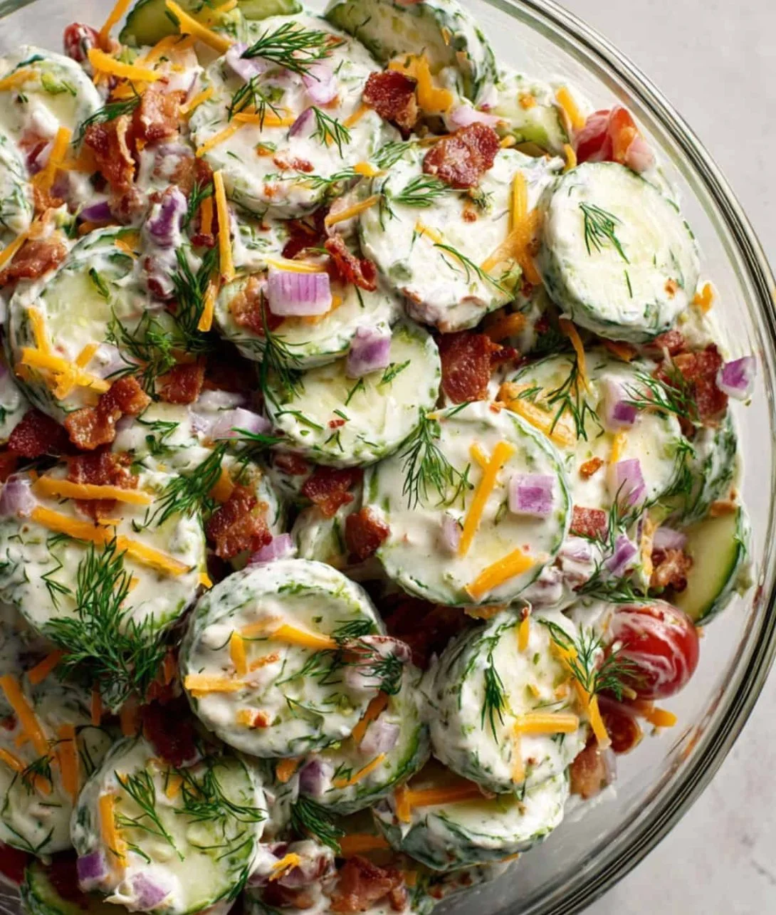 Bowl of Classic Cucumber Ranch Crack Salad with fresh cucumbers and ranch dressing