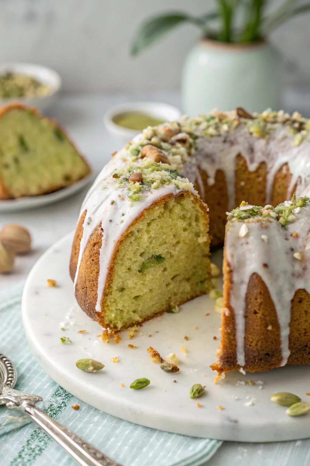 Coconut and Pistachio Pudding Cake topped with nuts and coconut flakes