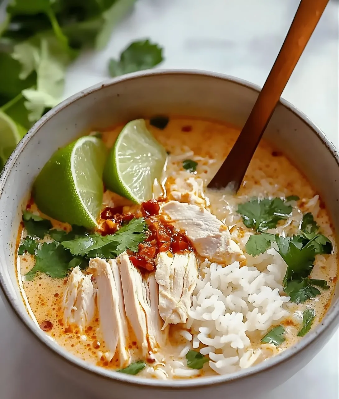 Delicious Coconut Chicken Brothy Rice served in a bowl garnished with herbs