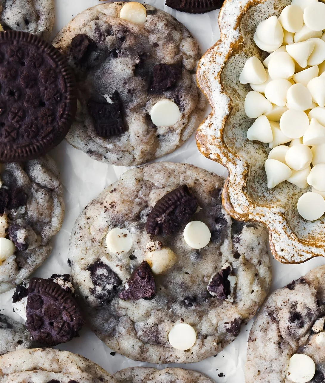 Delicious Cookies and Cream Cookies stacked on a plate