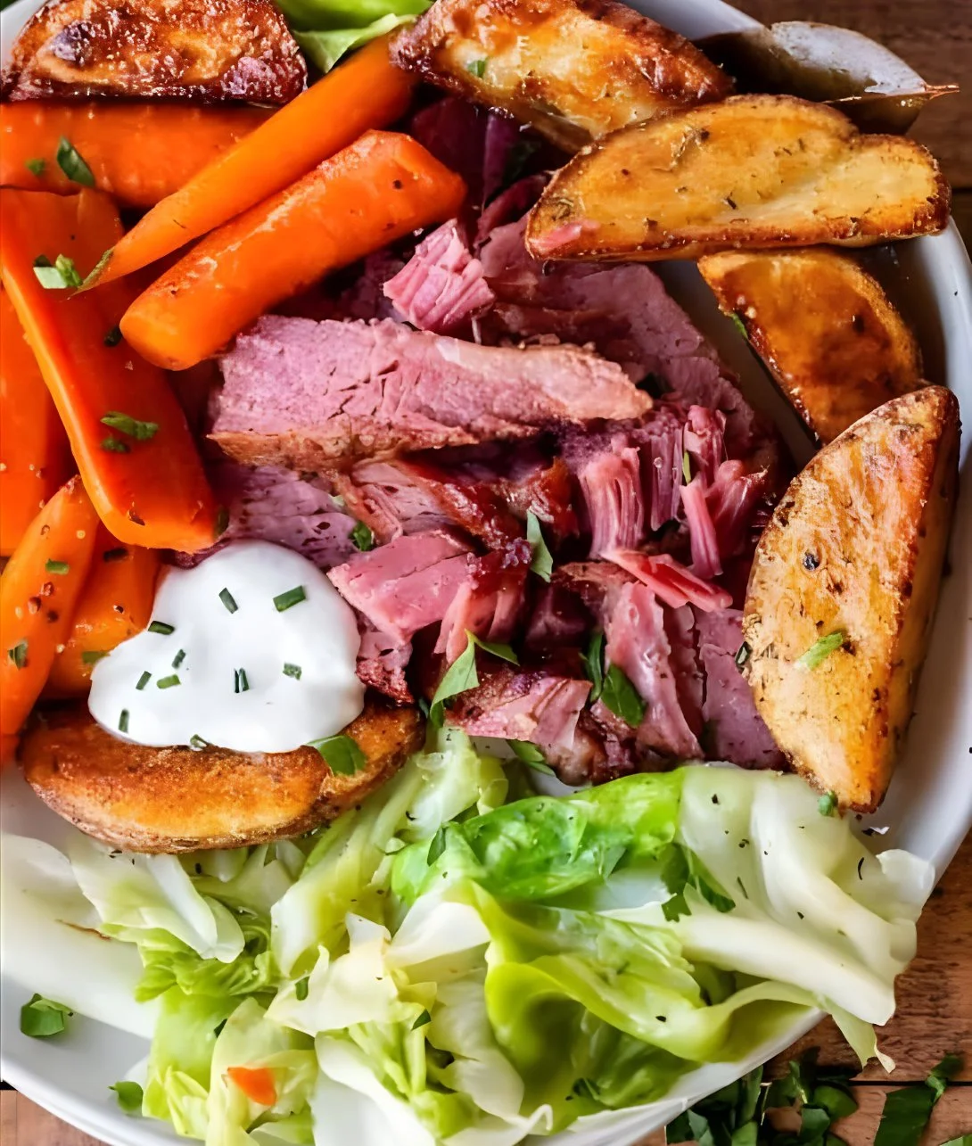 Plate of corned beef with cabbage and vegetables, a traditional Irish dish