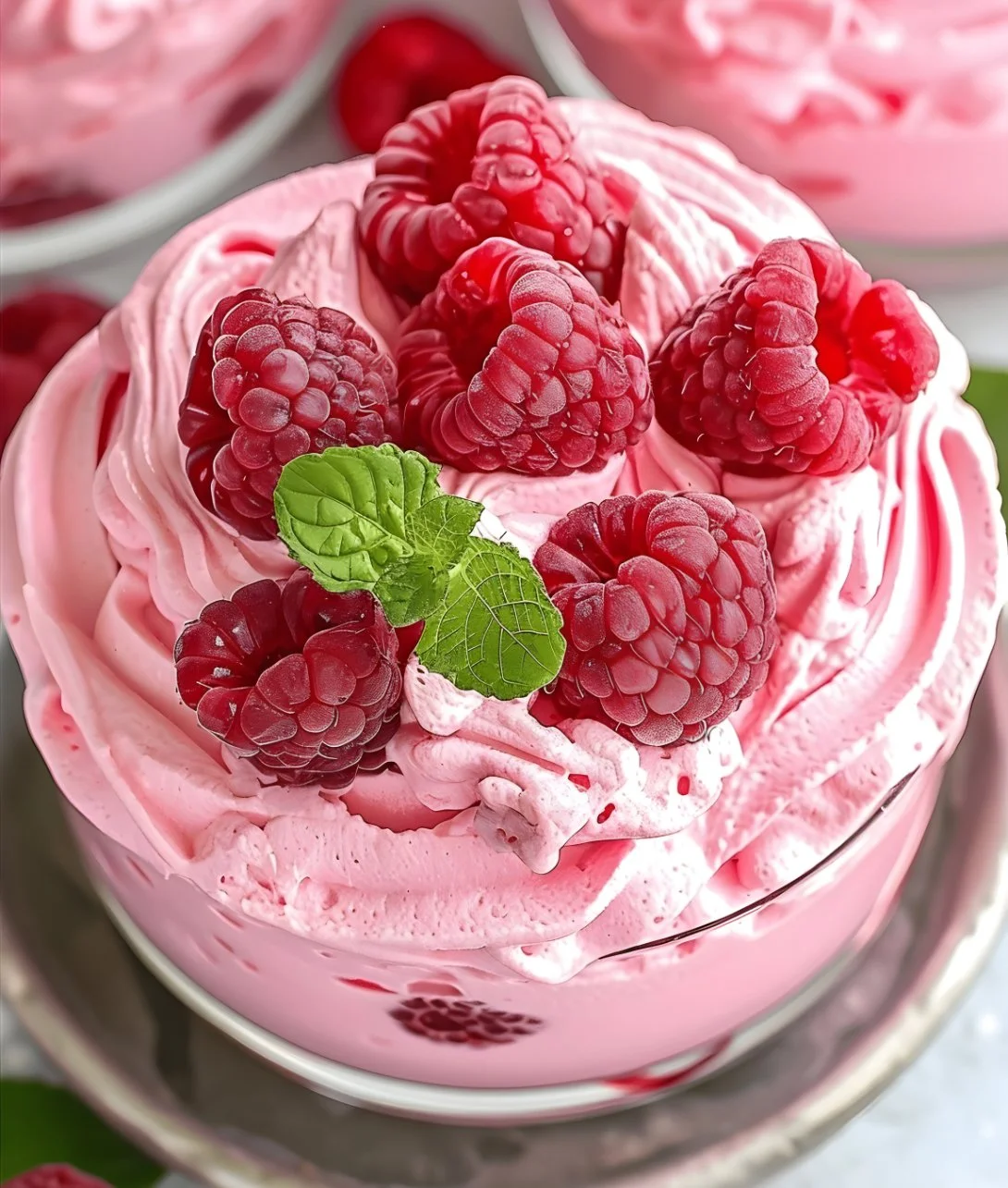 Delicious cottage cheese raspberry mousse served in a glass