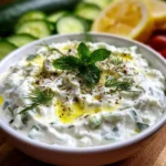 Homemade creamy Greek garlic tzatziki sauce served in a bowl