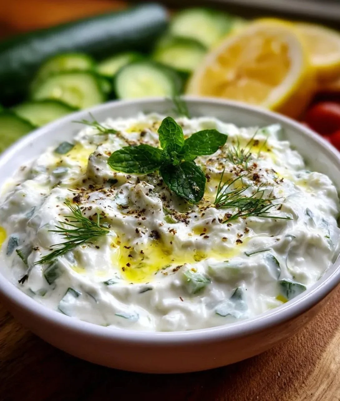Homemade creamy Greek garlic tzatziki sauce served in a bowl