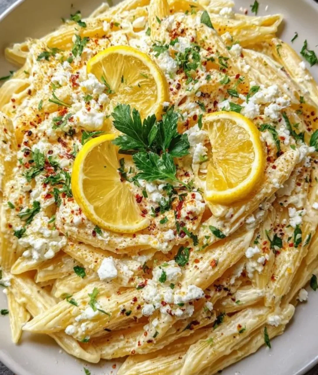 Creamy lemon feta pasta topped with fresh herbs and zest