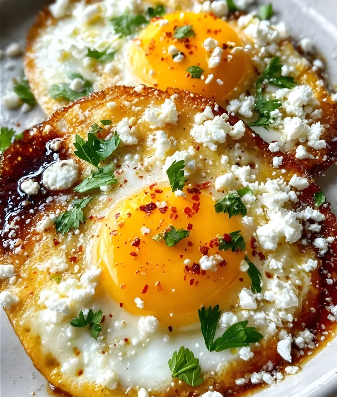 Crispy feta fried eggs served on a plate, garnished with herbs