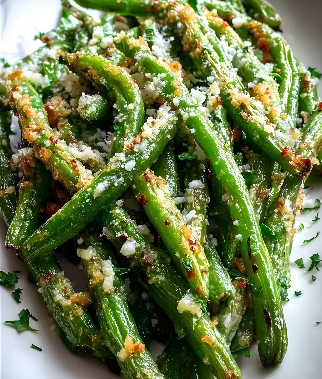 Crispy garlic parmesan roasted green beans served on a plate