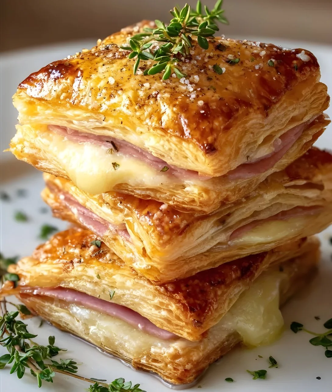 Crispy ham and cheese puff pastry stacks on a platter.