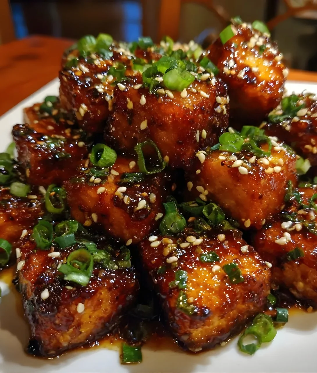 Crispy honey garlic tofu dish garnished with green onions and sesame seeds.