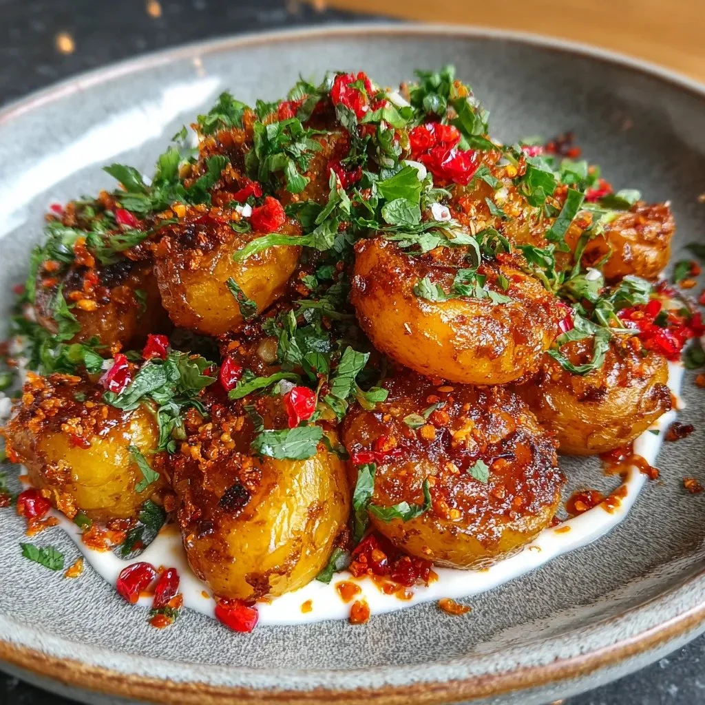Crispy smashed potato salad topped with chilli crisp tahini