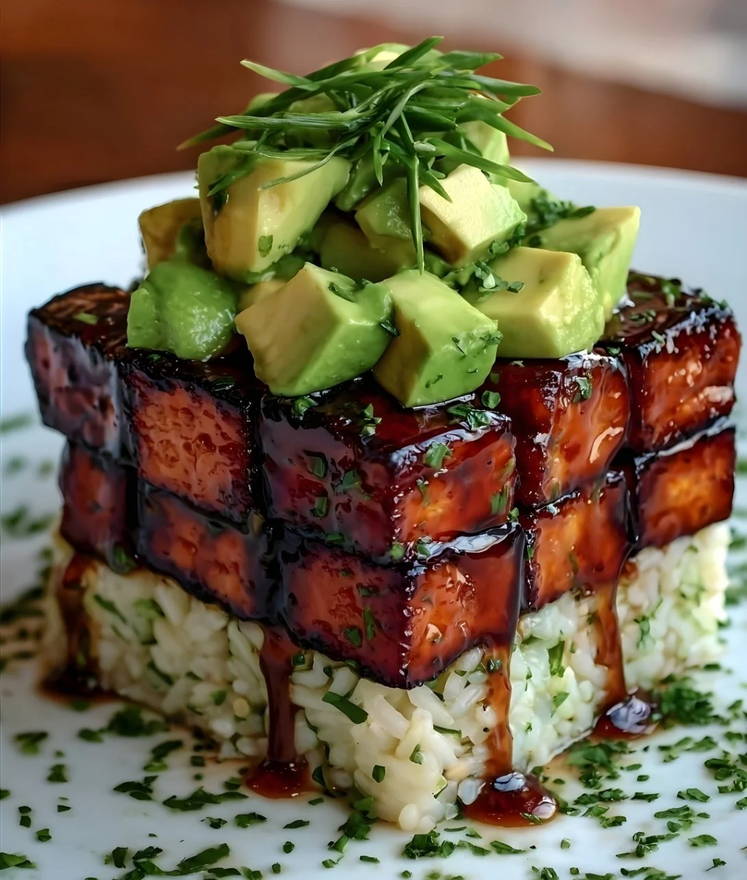 Crispy Teriyaki Tofu served on a bed of Avocado Rice Stack