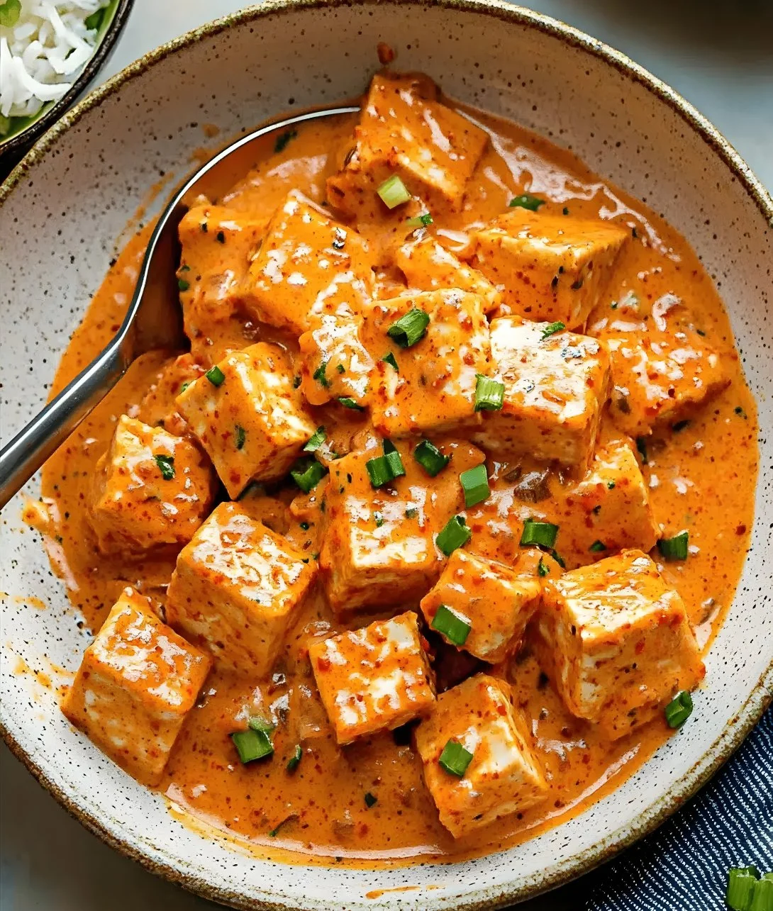 Bowl of delicious spicy tofu with creamy coconut sauce garnished with herbs