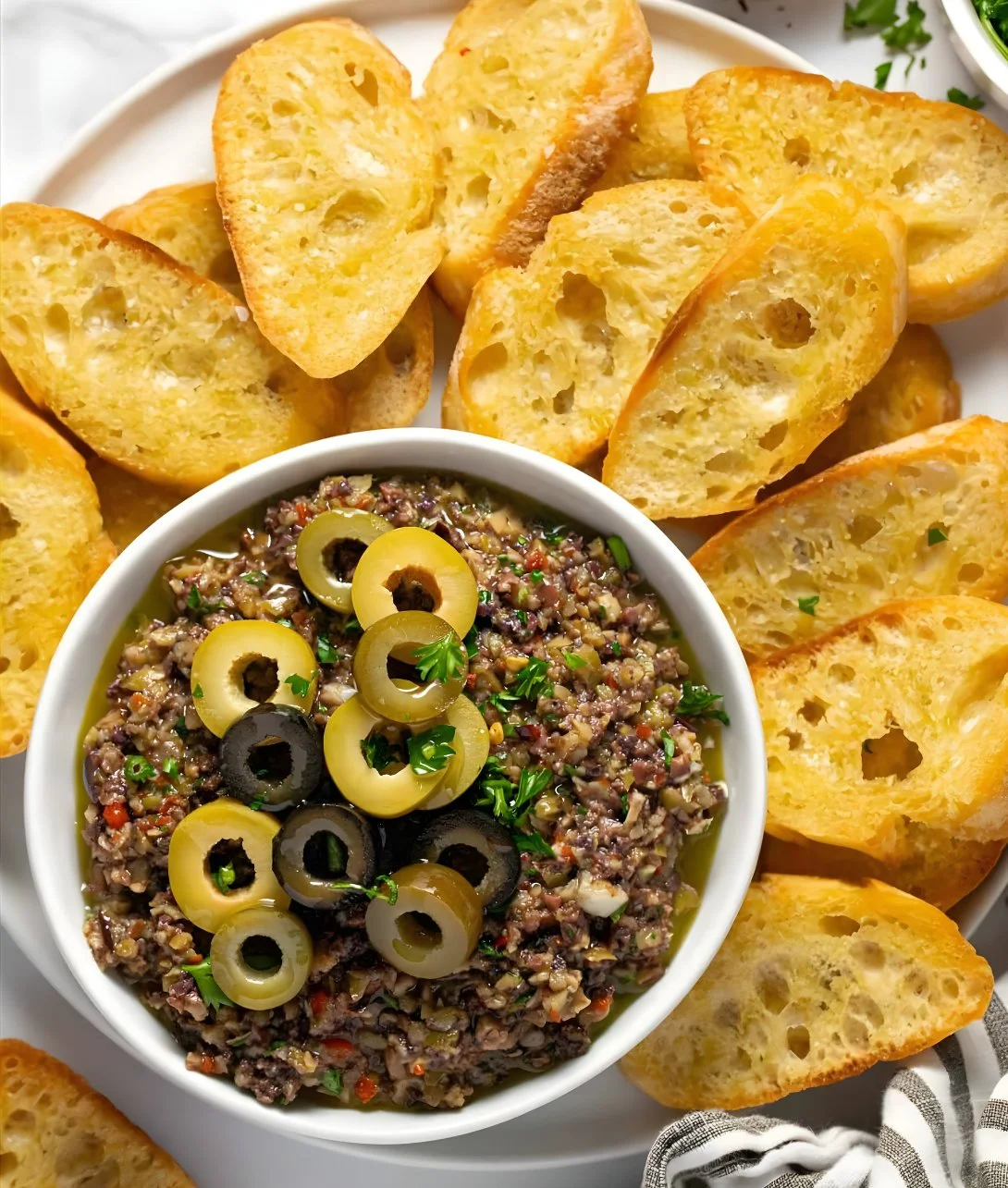 Bowl of easy olive tapenade with fresh bread and herbs