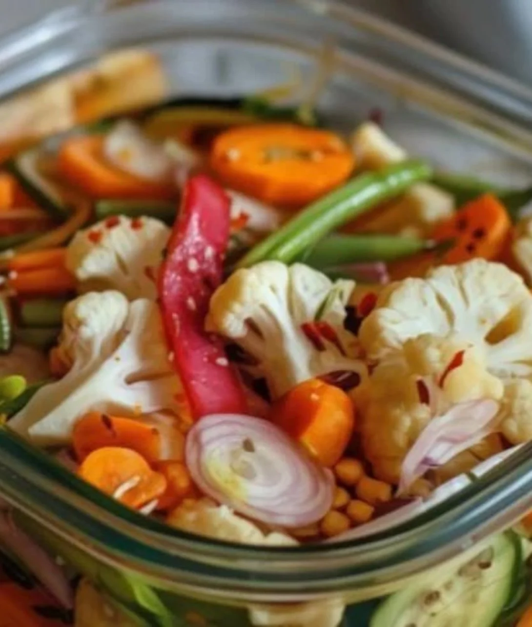Bowl of easy refrigerator pickled vegetables featuring colorful cucumbers and carrots