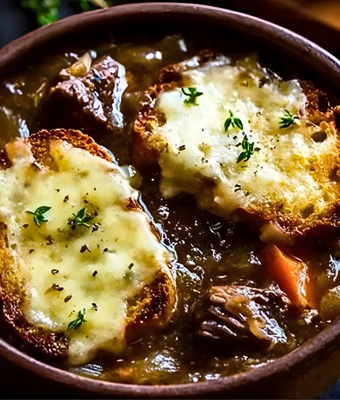 Delicious French onion short rib soup topped with Gruyère toast