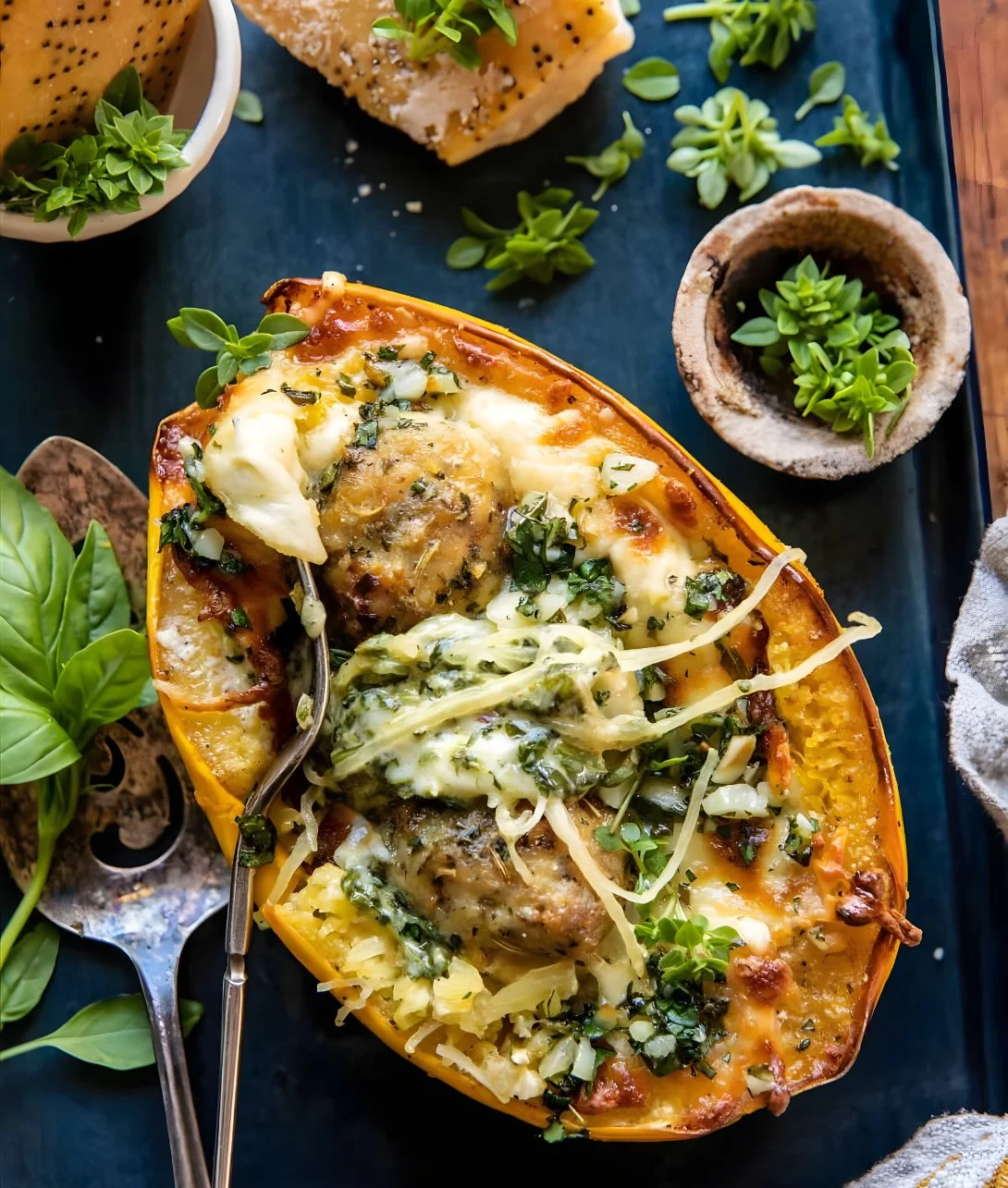 Garlic Butter Chicken Meatball Stuffed Spaghetti Squash served on a plate