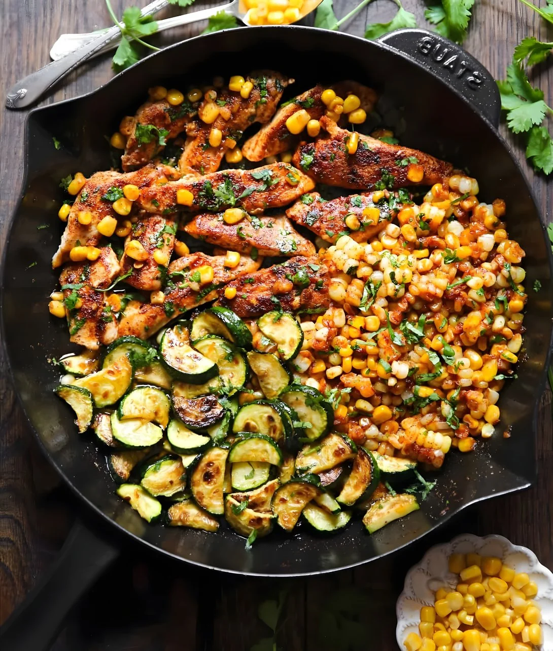 Garlic Butter Chicken served with zucchini and corn in a flavorful sauce