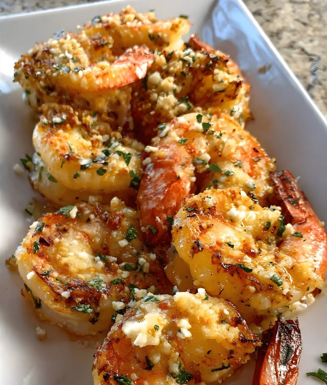Plate of Garlic Parmesan Roasted Shrimp garnished with parsley.