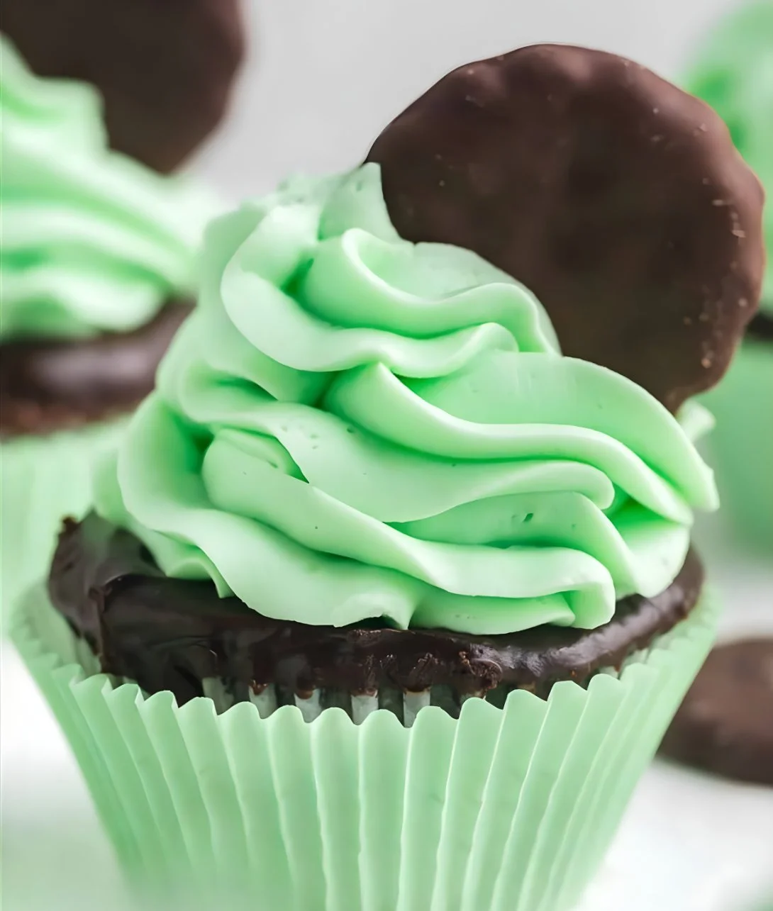 Delicious Girl Scout Thin Mint Cupcakes topped with chocolate and mint frosting