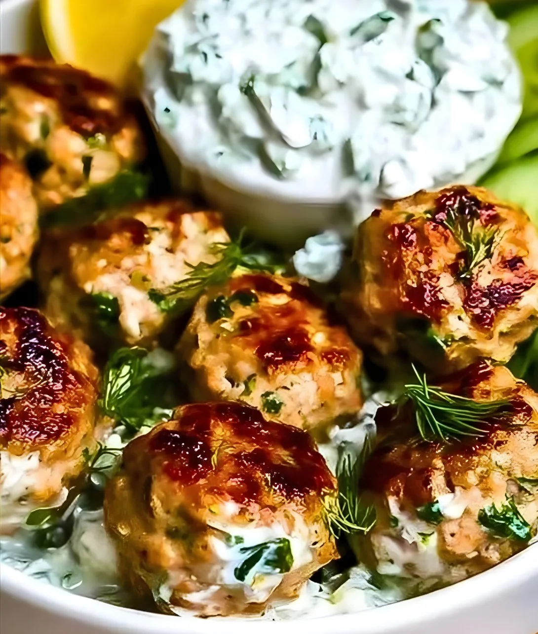 Greek chicken meatballs served with tzatziki sauce on a plate